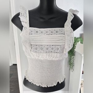 Black Tape White Smocked Eyelet Crop Top - Size S - Boho Cottagecore
